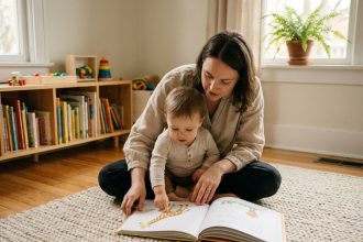 Mère et jeune enfant lisant ensemble un livre illustré en anglais sur un tapis douillet dans un salon chaleureux