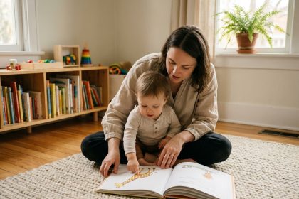 Mère et jeune enfant lisant ensemble un livre illustré en anglais sur un tapis douillet dans un salon chaleureux