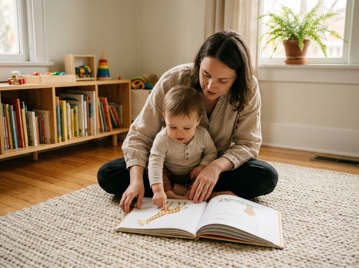 Mère et jeune enfant lisant ensemble un livre illustré en anglais sur un tapis douillet dans un salon chaleureux