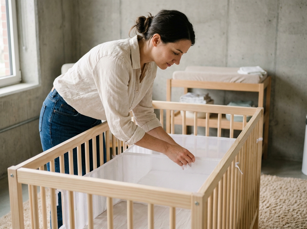 Mère installant un tour de lit respirant dans un lit bébé en pin naturel dans une chambre d'appartement
