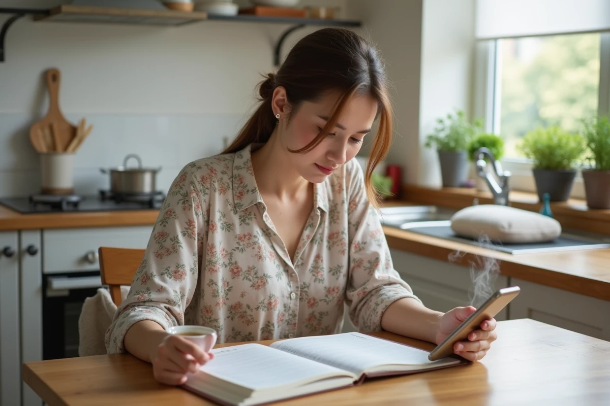 Mère allaitante consultant un journal d'allaitement et son téléphone à la cuisine pour gérer un pic de croissance sereinement