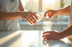 Mains de mère mesurant de l'eau avec un biberon bébé en cuisine