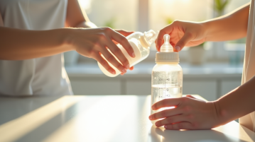Mains de mère mesurant de l'eau avec un biberon bébé en cuisine