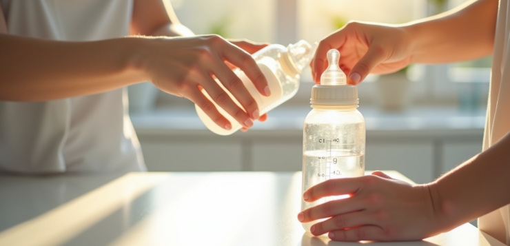 Mains de mère mesurant de l'eau avec un biberon bébé en cuisine