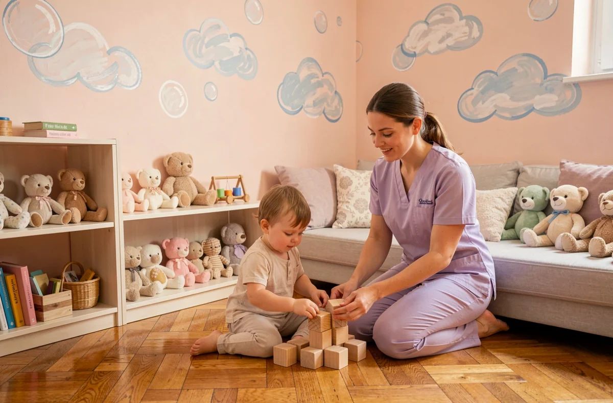 Intérieur chaleureux de la micro-crèche Bulle de Bonheur à Héric avec une auxiliaire accompagnant un tout-petit dans ses jeux
