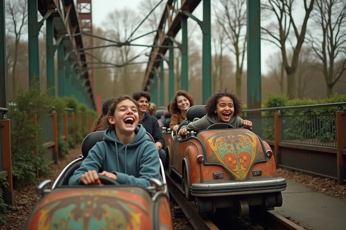 Montagne russe historique du parc Walygator avec visiteurs adolescents et végétation lorraine en arrière-plan