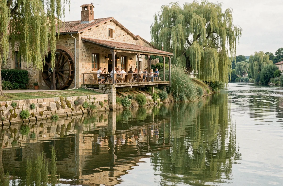 Le Moulin de la Barthe à Launaguet, terrasse au bord de l'eau avec des familles en train de déjeuner dans un cadre verdoyant