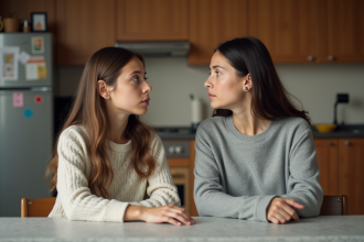 Femme et fille assises à la table cuisine en tension