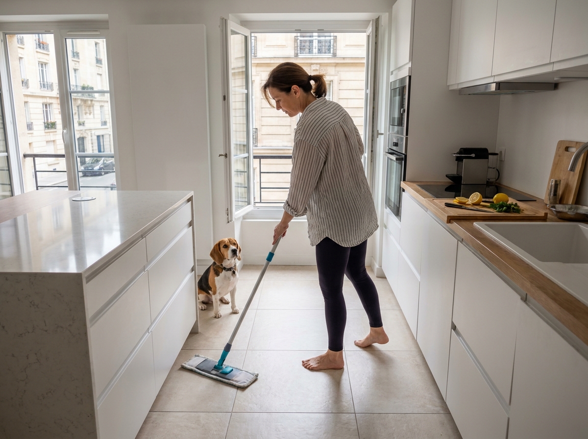 Femme nettoyant le sol de sa cuisine avec un beagle dans un appartement à Courbevoie, entretien sain du logement avec un chien