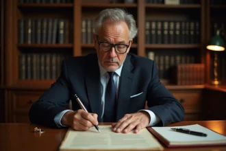 Notaire en costume sombre examinant un testament manuscrit sur un bureau en chêne dans son étude officielle