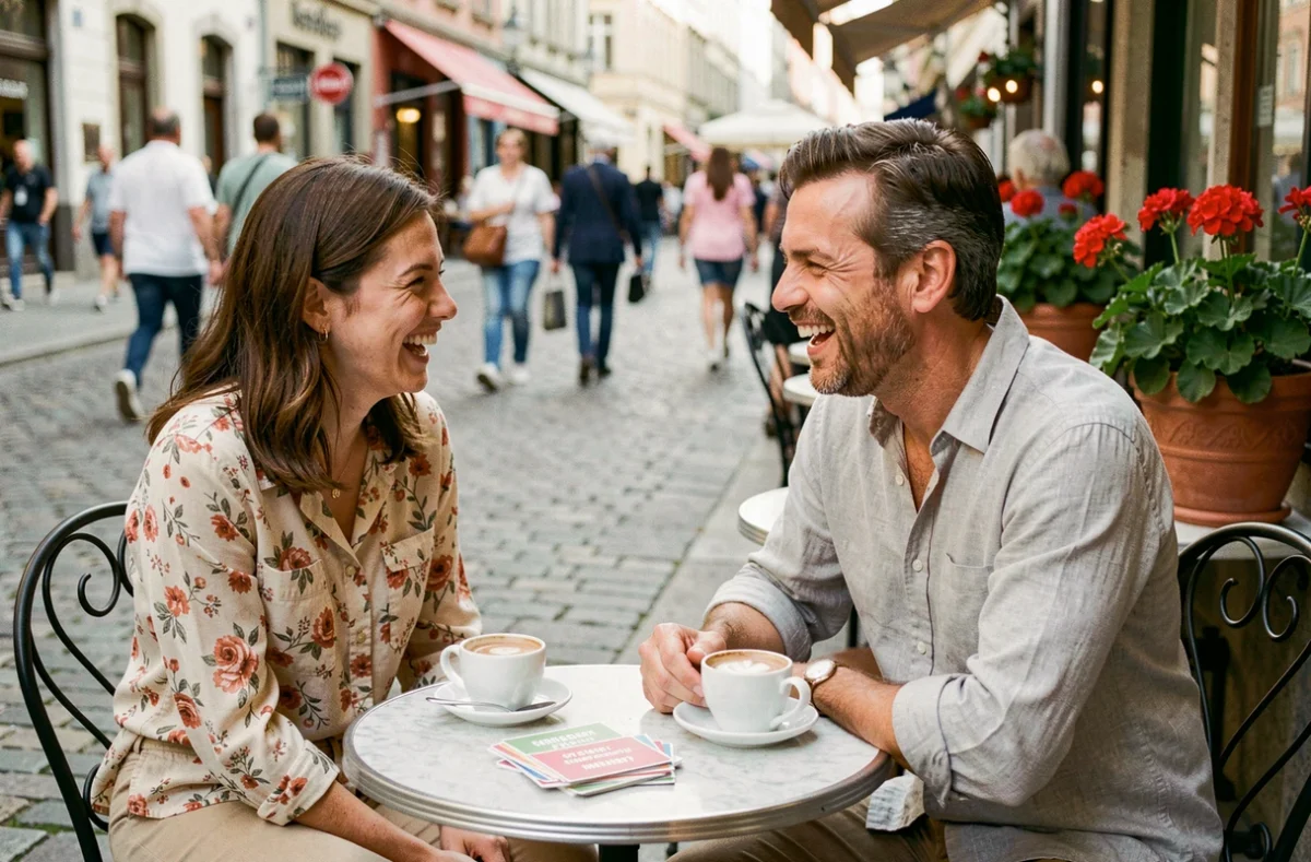 Nouveau couple riant autour de questions brise-glace en terrasse de café parisien
