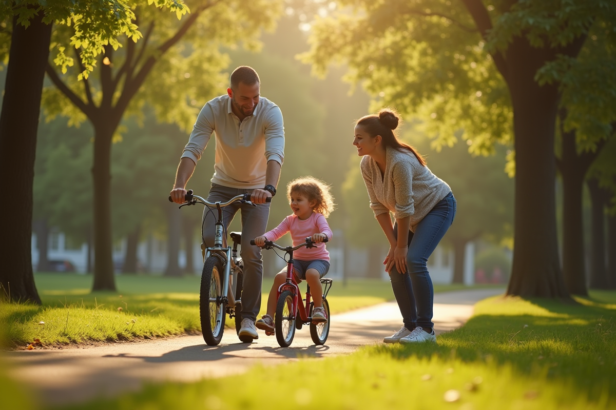 Pere enseignant sa fille a faire du velo dans un parc vert