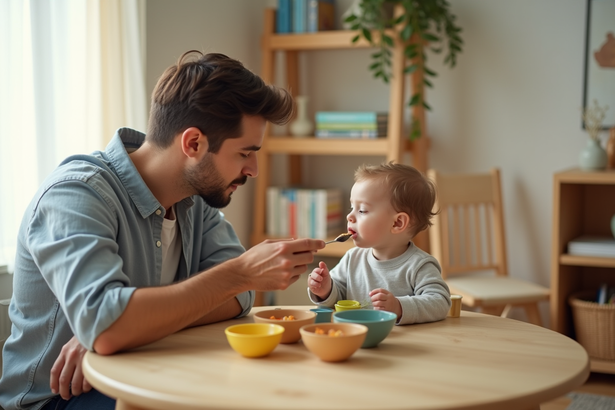 Pere donnant la cuillère a son bebe dans un salon lumineux et accueillant