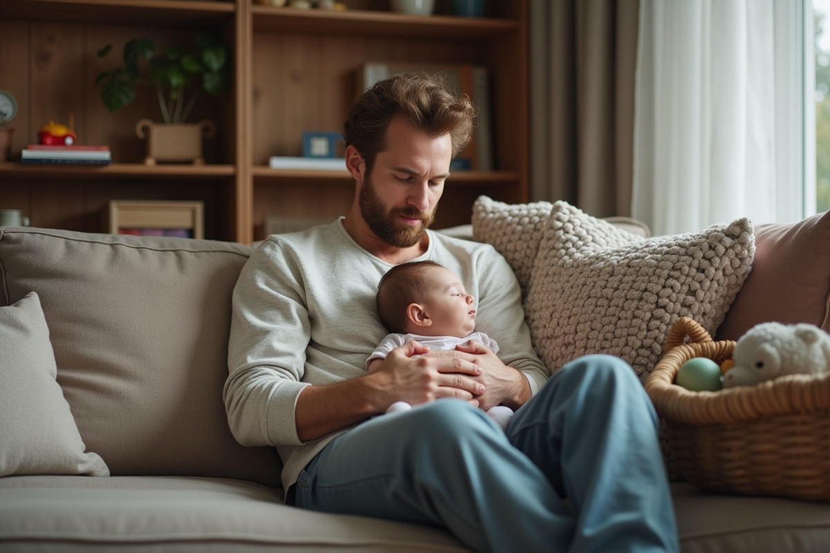 Père tenant son bébé endormi dans le salon chaleureux
