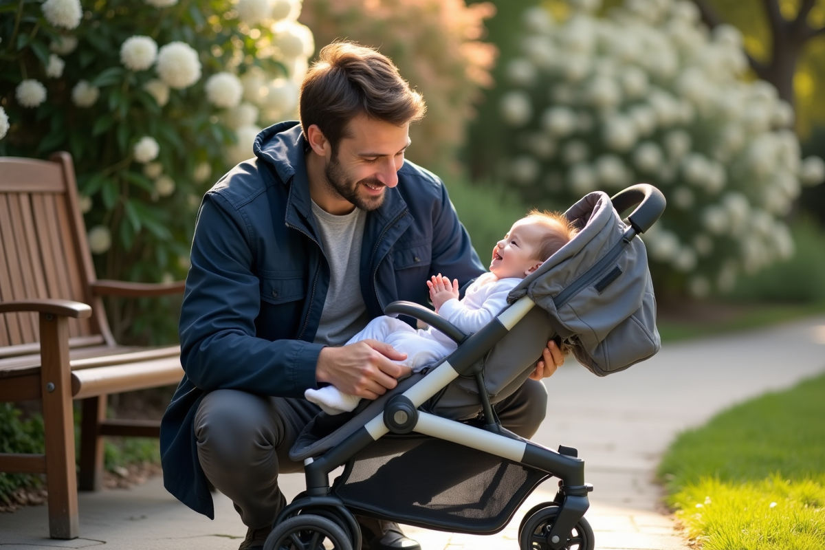 Papa ajustant la sécurité du bébé dans la poussette en extérieur