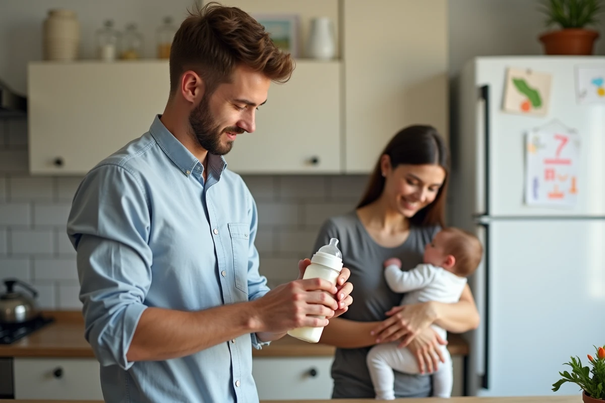 Père préparant un biberon dans la cuisine familiale