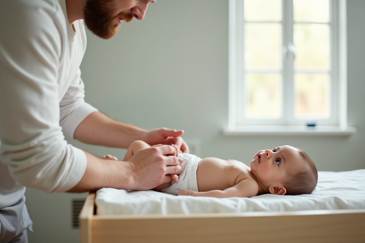 Papa vérifiant le change dans une chambre moderne et lumineuse