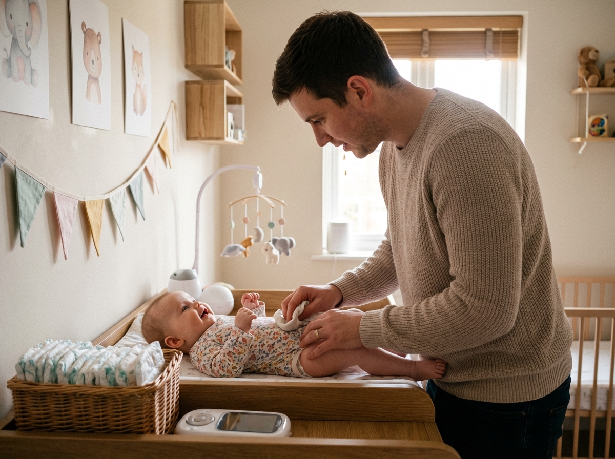 Jeune papa change la couche de sa fille dans une nurserie