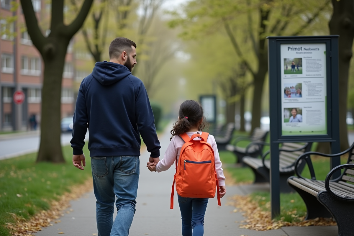 Père et fille marchent dans un parc avec flyer PrimOT