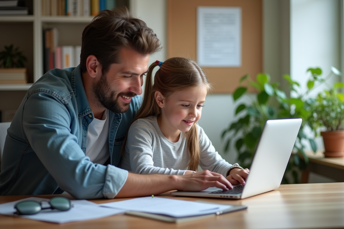 Pere et sa fille explorent l application PrimOT sur un ordinateur dans un bureau lumineux