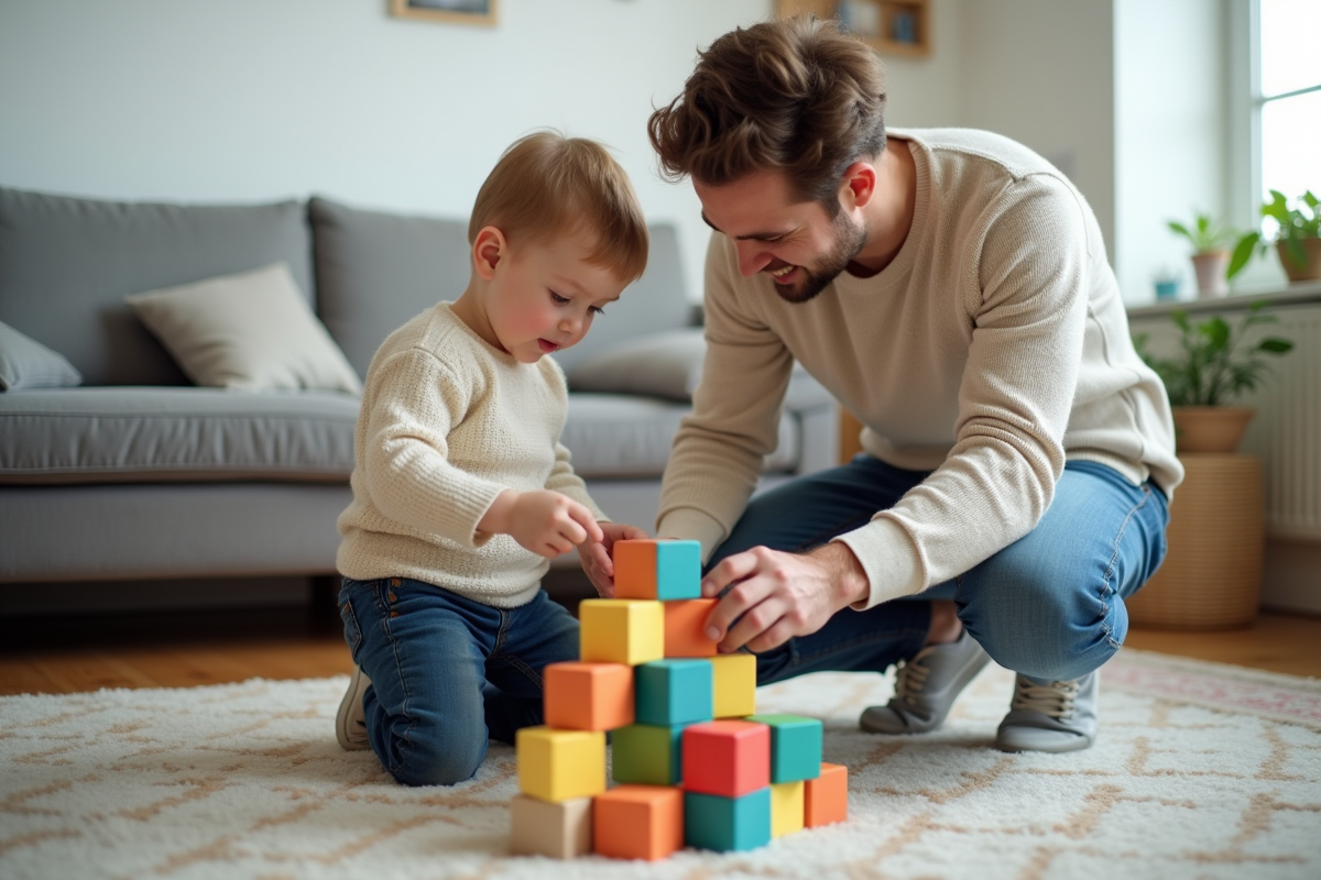 Père aide son enfant à empiler des blocs en bois colorés