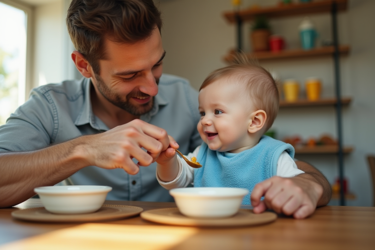 Pere donnant à manger à son bébé souriant