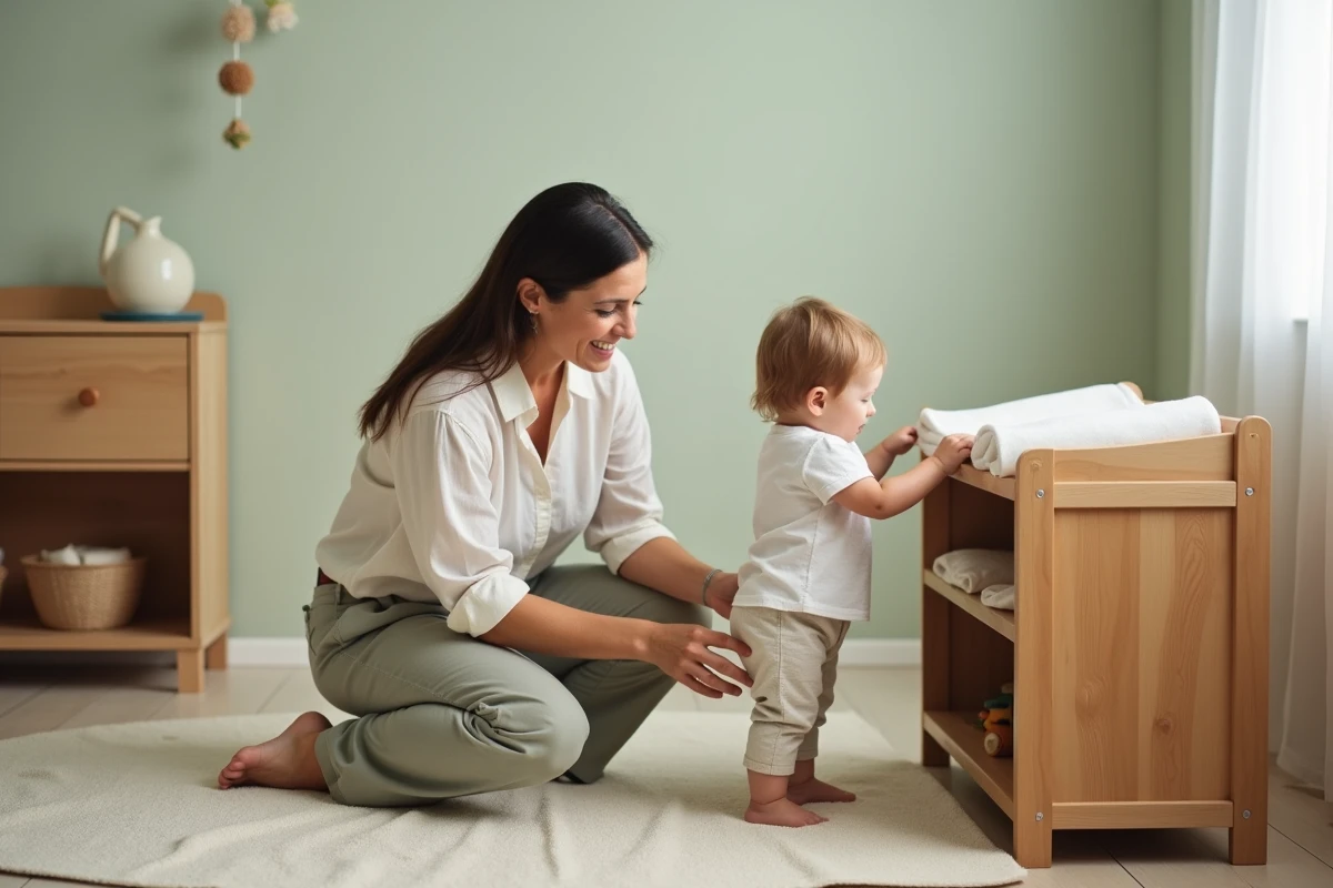 Maman à la hauteur de son enfant l'encourageant à choisir lui-même une culotte d'apprentissage depuis une étagère basse dans une chambre Montessori douce et naturelle
