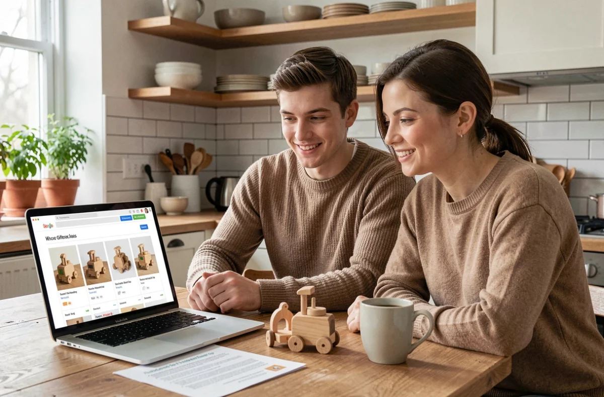 Couple de parents comparant des jouets en bois et codes promo sur ordinateur portable dans une cuisine moderne