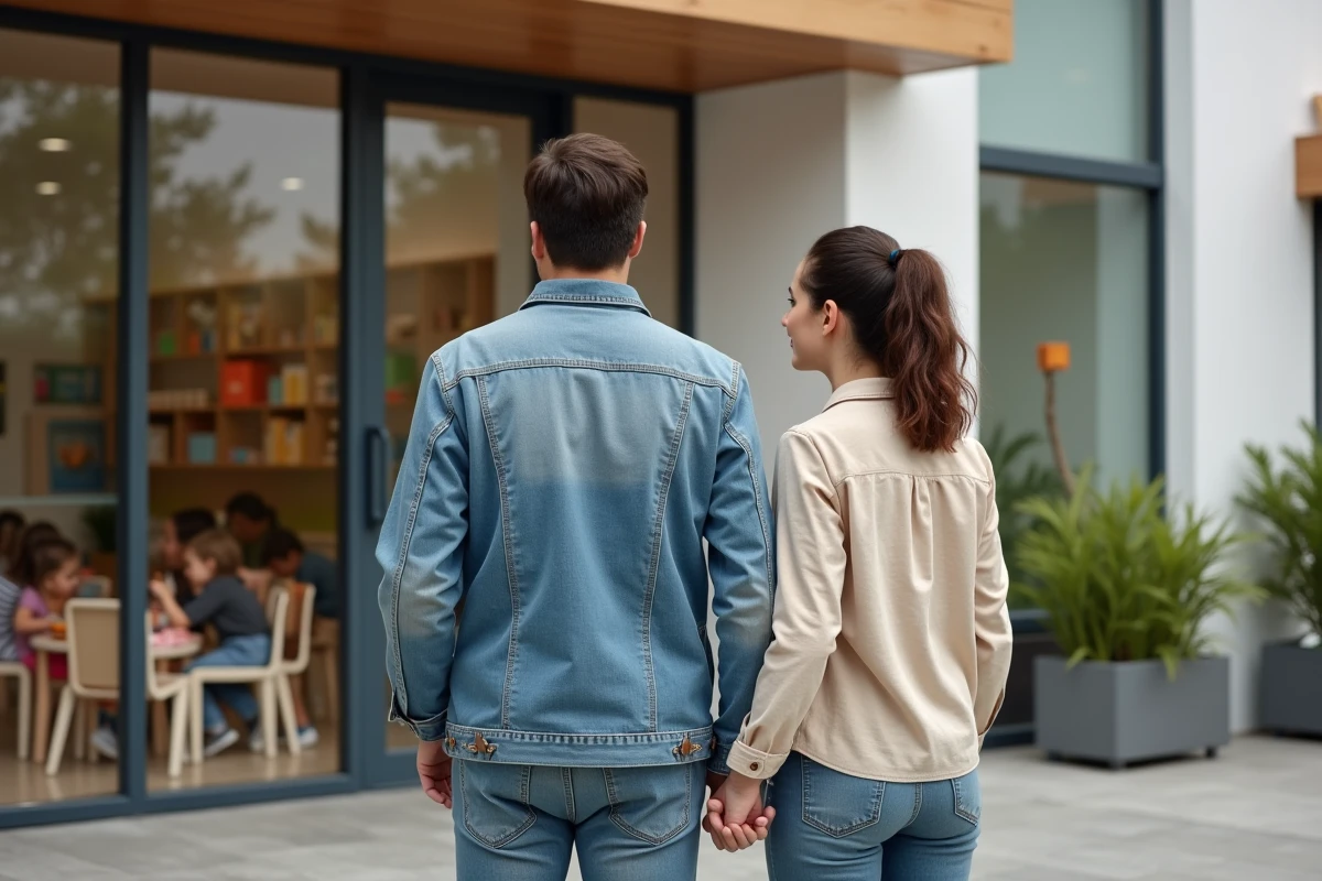 Deux parents visitant l'entrée d'une crèche moderne pour évaluer l'accueil et l'environnement proposé à leur enfant
