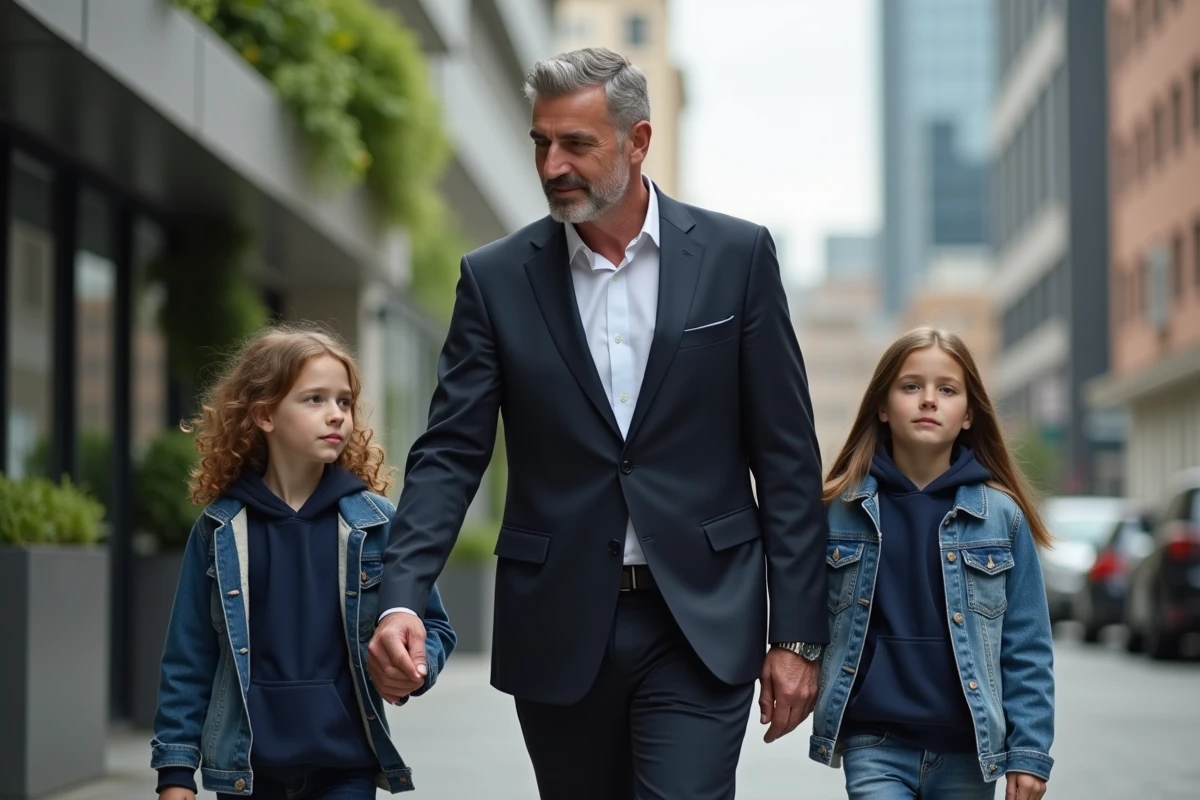 Pere en costume marche avec ses enfants en ville