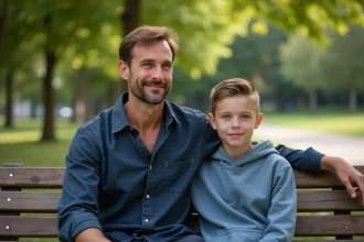Un père dans la quarantaine et son fils adolescent assis ensemble sur un banc dans un parc urbain, partageant un moment complice et discret