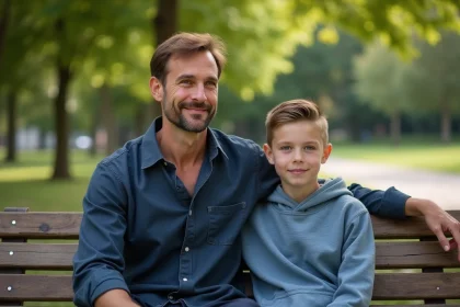 Un père dans la quarantaine et son fils adolescent assis ensemble sur un banc dans un parc urbain, partageant un moment complice et discret
