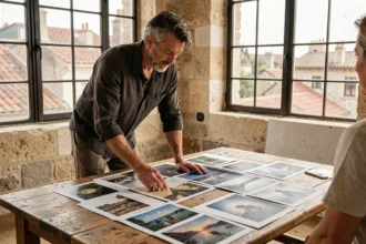 Photographe professionnel à Bordeaux présentant son portfolio à un client dans un studio aux murs en pierre calcaire