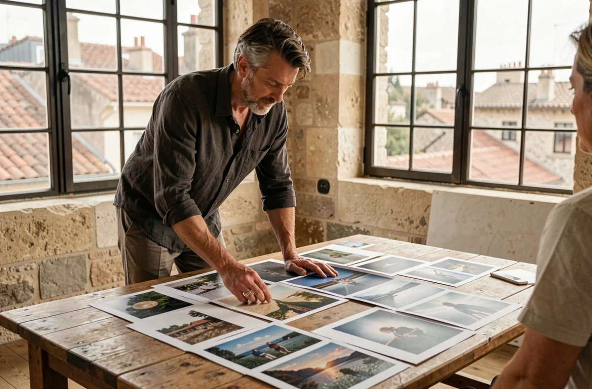 Photographe professionnel à Bordeaux présentant son portfolio à un client dans un studio aux murs en pierre calcaire