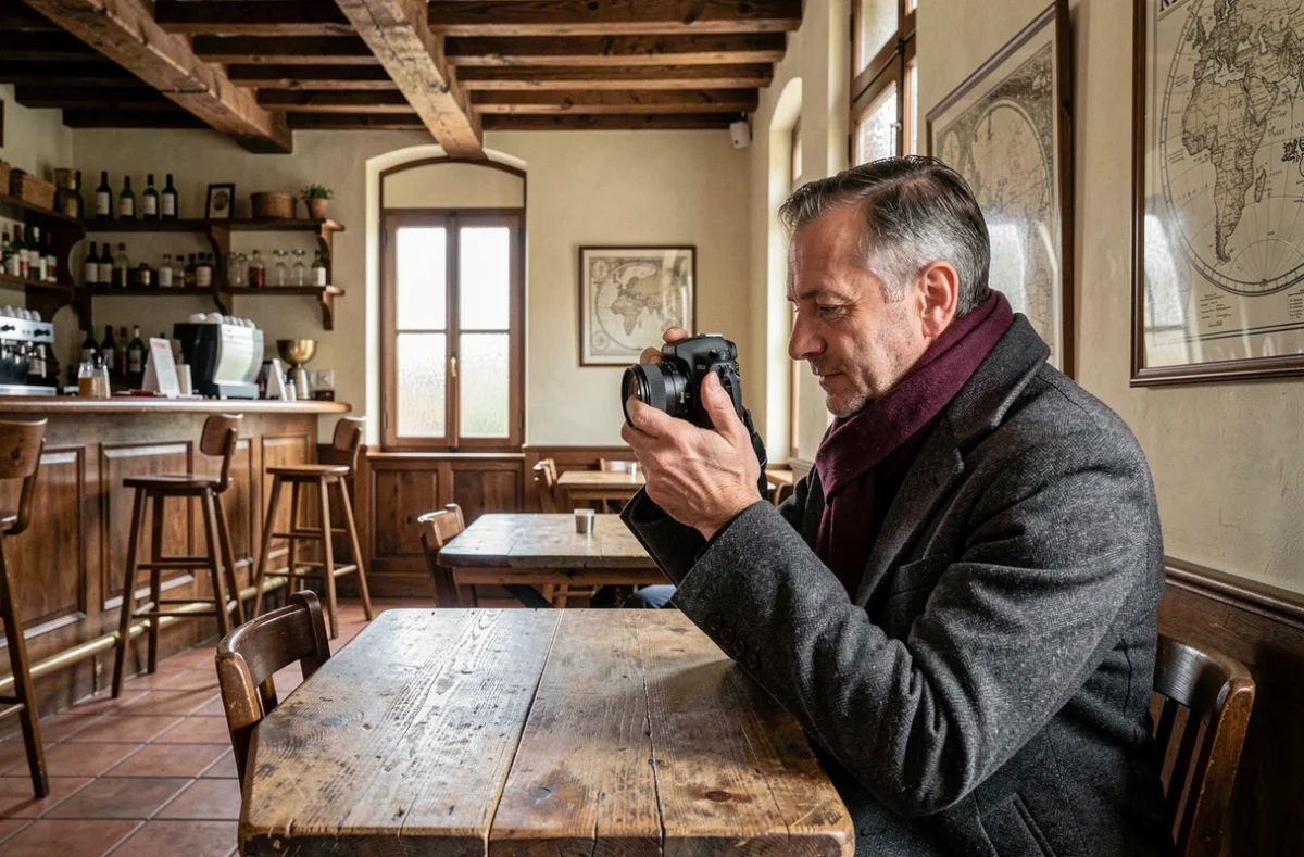 Photographe masculin consultant ses clichés dans une brasserie normande traditionnelle à Rouen
