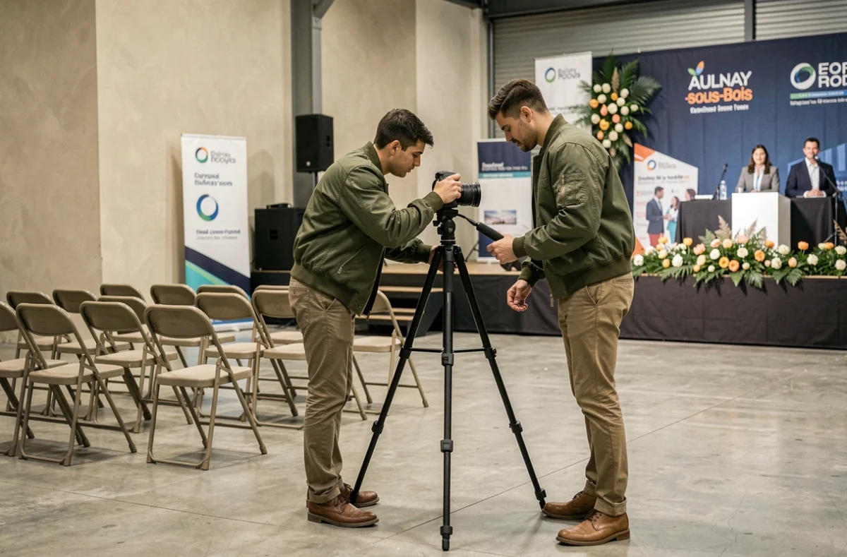 Photographe préparant son équipement pour un événement d'entreprise dans une salle à Aulnay-sous-Bois