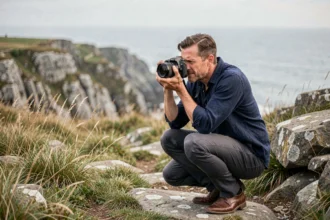 Photographe de mariage professionnel en train de shooter un couple sur les falaises du Morbihan en Bretagne