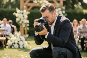 Photographe professionnel en action lors d'une cérémonie de mariage en extérieur dans un jardin fleuri