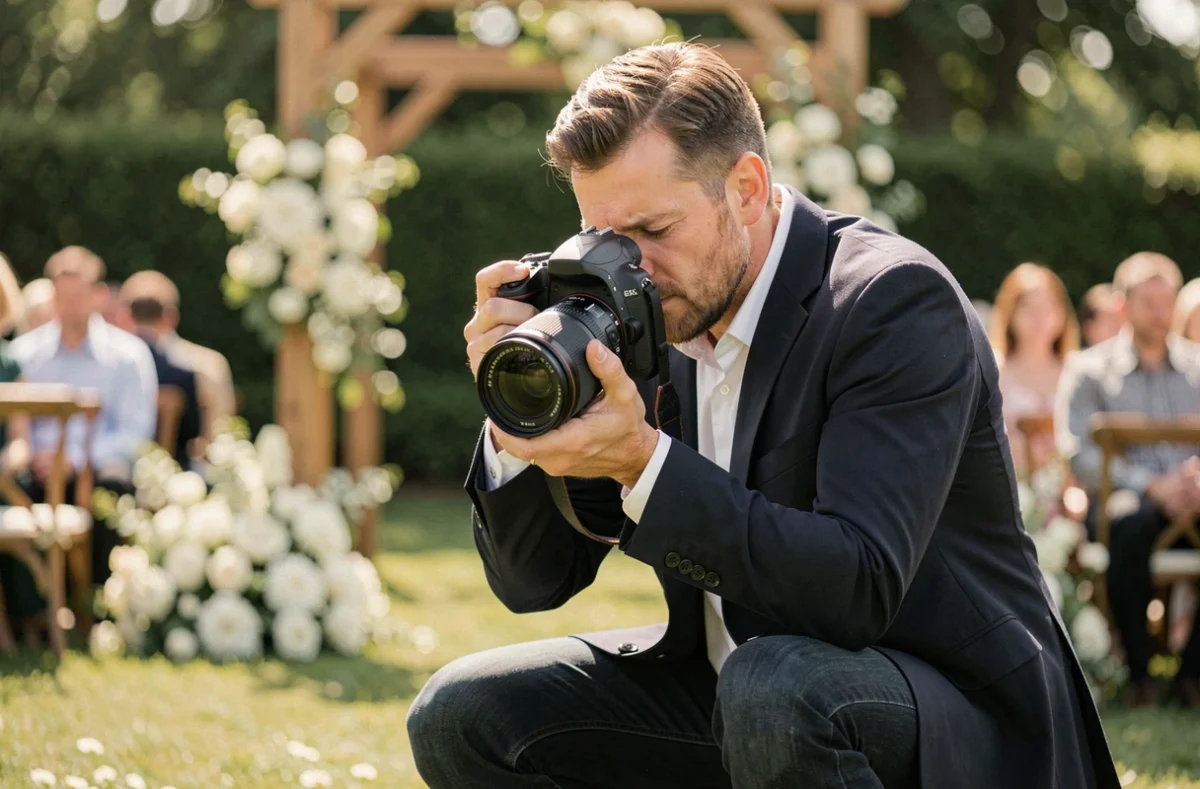 Photographe professionnel en action lors d'une cérémonie de mariage en extérieur dans un jardin fleuri