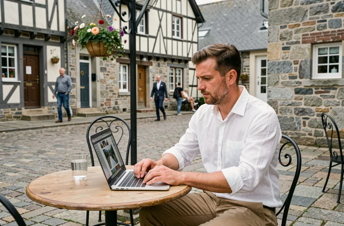 Photographe de mariage du Morbihan retouchant des photos en terrasse de café dans un village breton