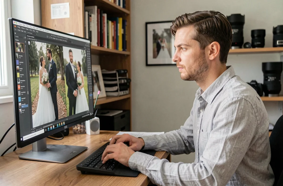 Photographe de mariage en train de retoucher des photos de réception sur un grand écran professionnel dans son studio