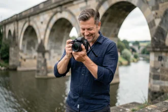 Photographe professionnel consultant ses clichés près du viaduc de Pont-à-Mousson