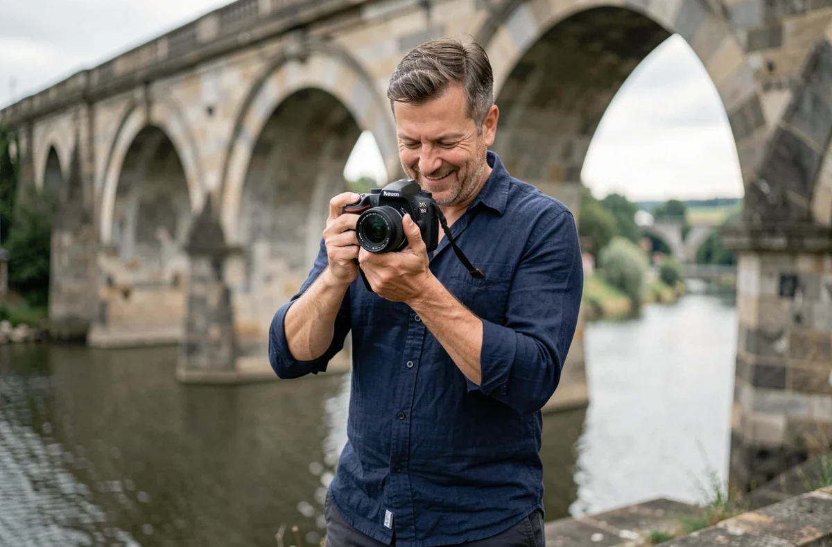 Photographe professionnel consultant ses clichés près du viaduc de Pont-à-Mousson
