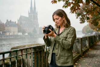Photographe professionnelle ajustant son appareil photo au bord de la Seine à Rouen avec la cathédrale en arrière-plan