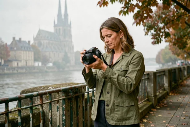 Photographe professionnelle ajustant son appareil photo au bord de la Seine à Rouen avec la cathédrale en arrière-plan