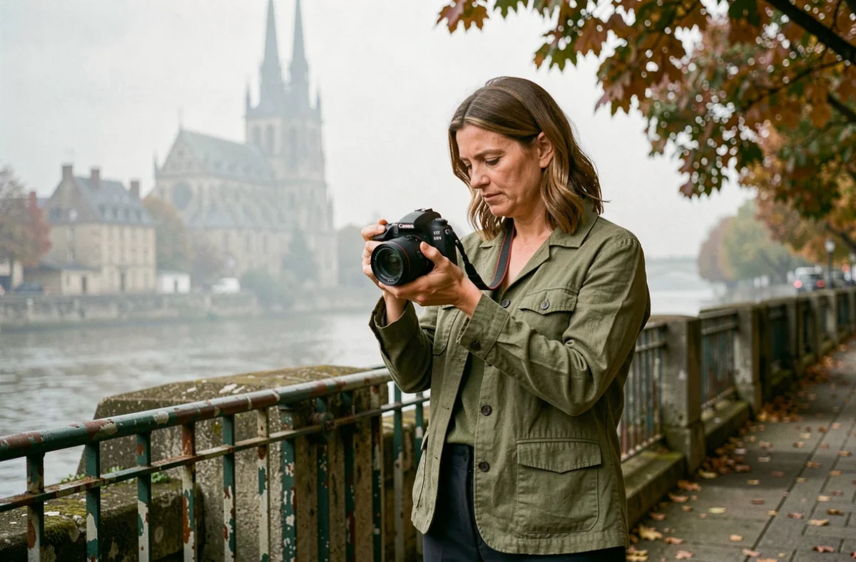 Photographe professionnelle ajustant son appareil photo au bord de la Seine à Rouen avec la cathédrale en arrière-plan