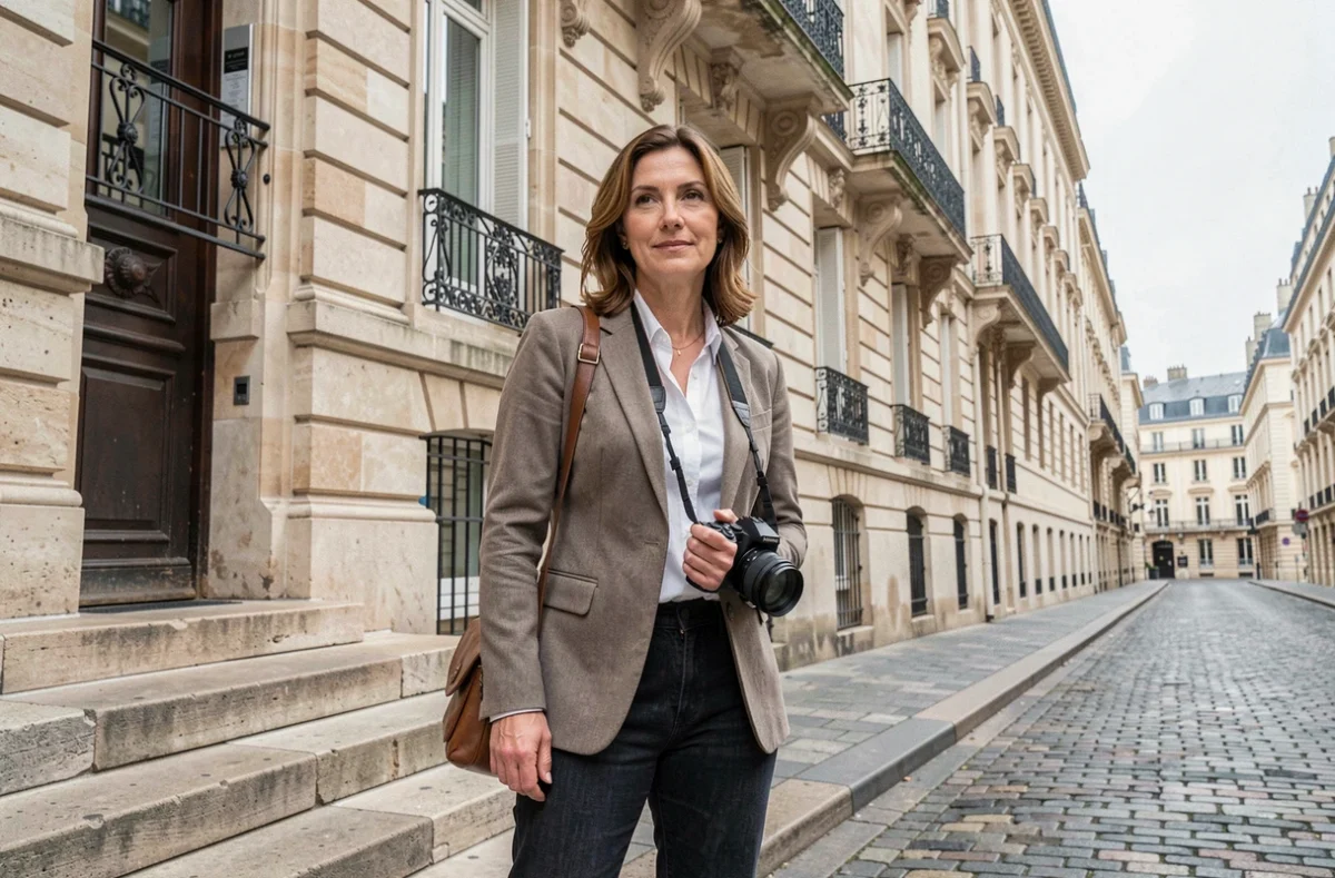 Photographe professionnelle devant une architecture haussmannienne typique de Bordeaux avec appareil photo en main