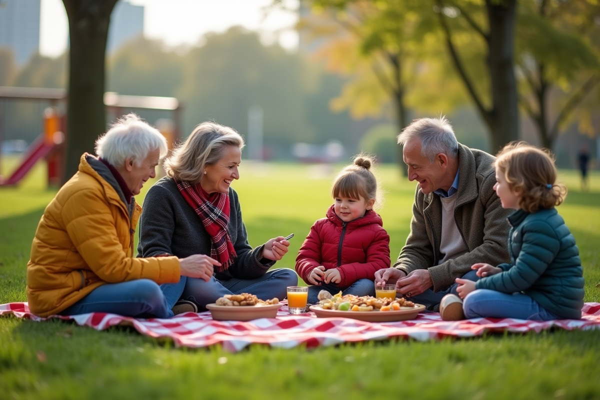 Trois générations partageant un pique-nique dans un parc