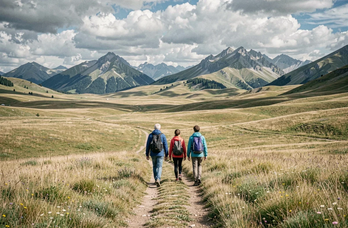 Famille en randonnée sur le plateau des Glières avec la chaîne des Aravis en arrière-plan en Haute-Savoie