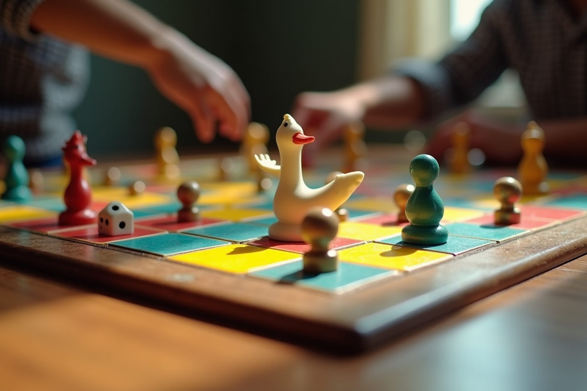 Zoom sur le plateau de jeu de Goose avec pions et dés